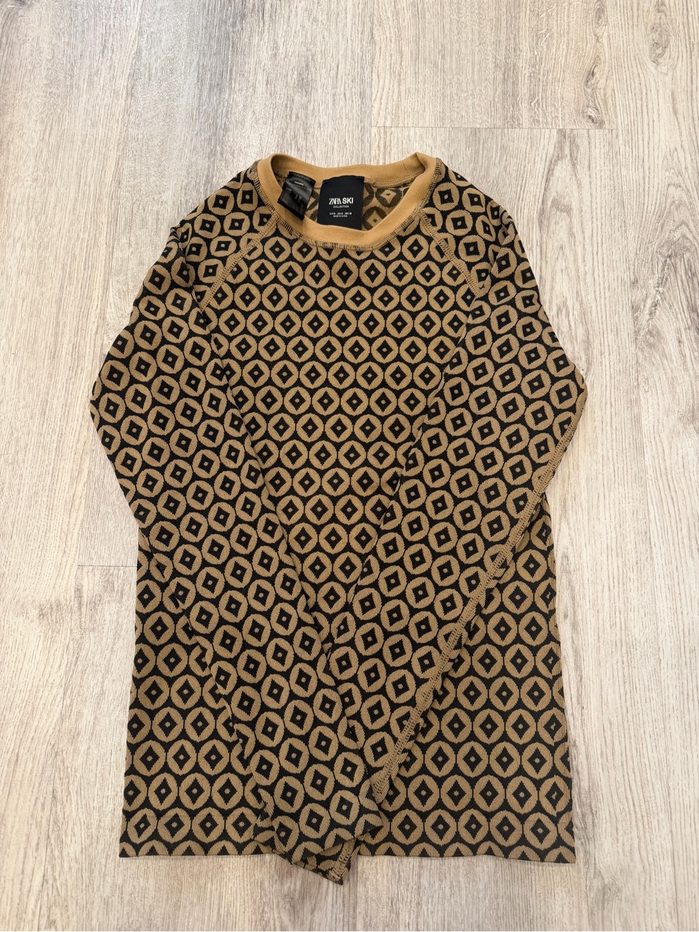 Zara Ski Collection Small Tan Black Geometric Thermal Base Layer Top NWOT